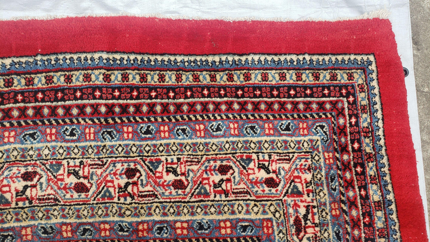 Persian Sarouk Mir Pattern, Red and Beige, Hand-Knotted, Wool, Paisley Boteh Design, 9'9" x 13', Semi Antique