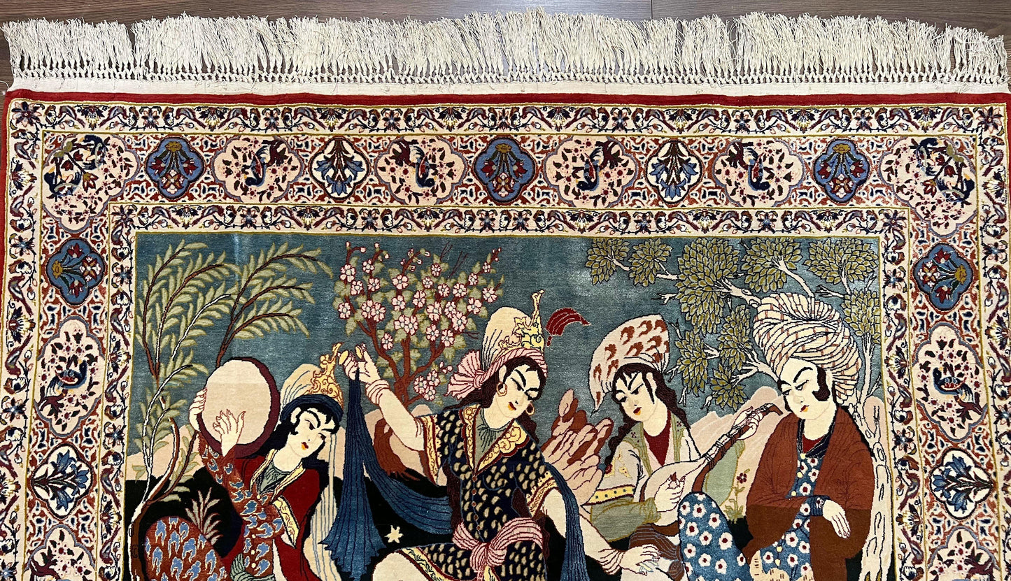 Persian Pictorial Rug Five By Four Feet Isfahan Kork Wool On Silk Foundation Master Weaver Signature Birds And Drums