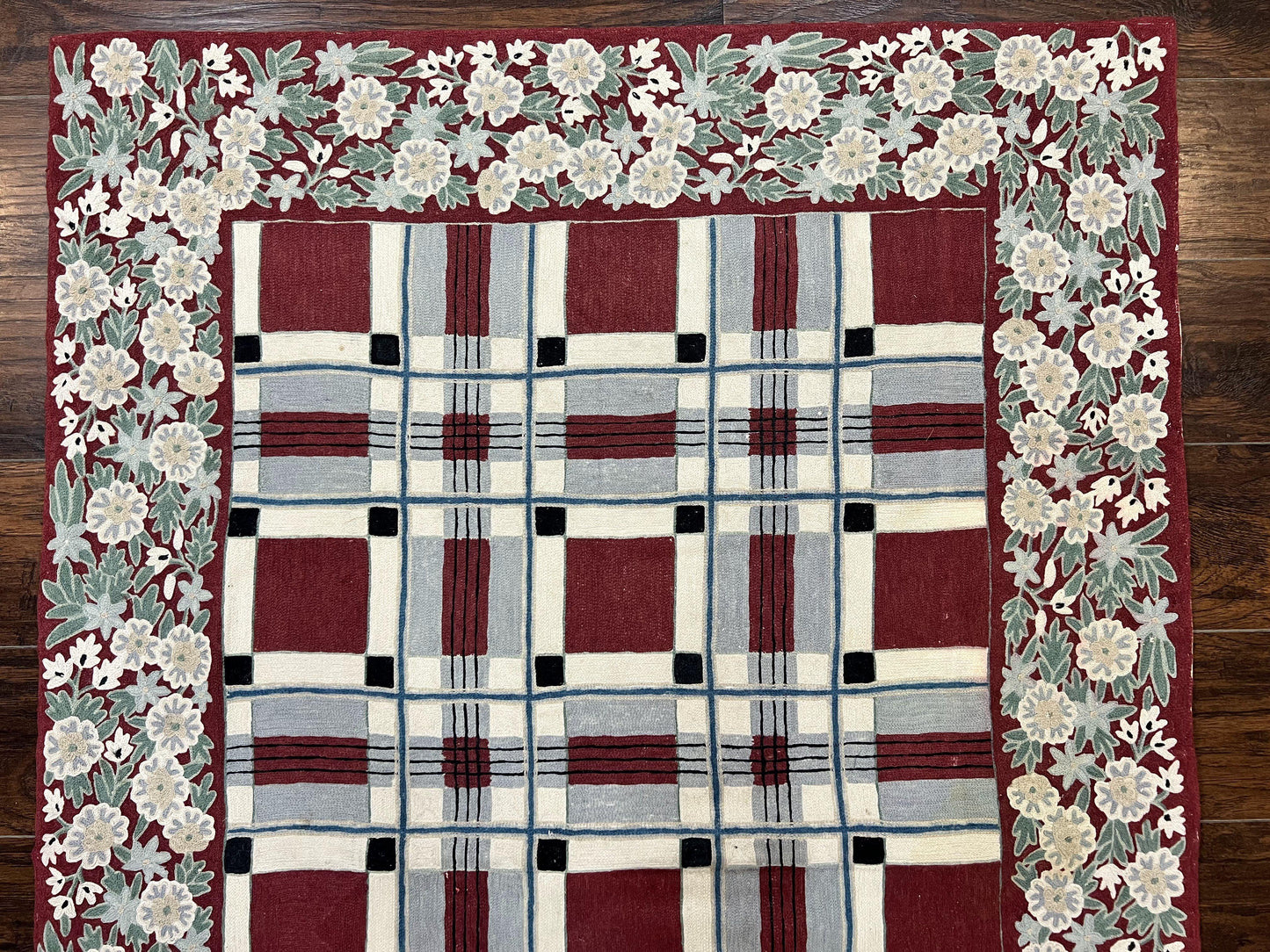 Indian Hand Stitched Rug 4x6, Vintage Carpet, Checkerboard Floral Pattern, Maroon Ivory, Flatweave, Wool