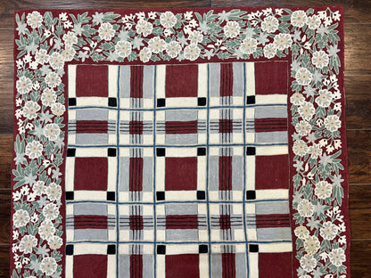Indian Hand Stitched Rug 4x6, Vintage Carpet, Checkerboard Floral Pattern, Maroon Ivory, Flatweave, Wool