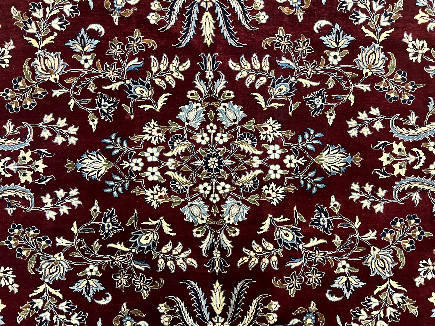 Indo Persian Sarouk Rug 9x12, Floral Allover, Dark Red & Navy Blue, Handmade Vintage Wool Carpet