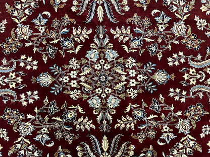 Indo Persian Sarouk Rug 9x12, Floral Allover, Dark Red & Navy Blue, Handmade Vintage Wool Carpet