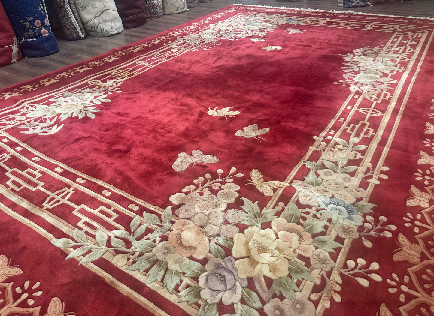 Chinese Wool Rug 12x18 Palace Size Vintage Hand Knotted Red With Butterflies And Flowers