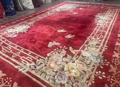 Chinese Wool Rug 12x18 Palace Size Vintage Hand Knotted Red With Butterflies And Flowers