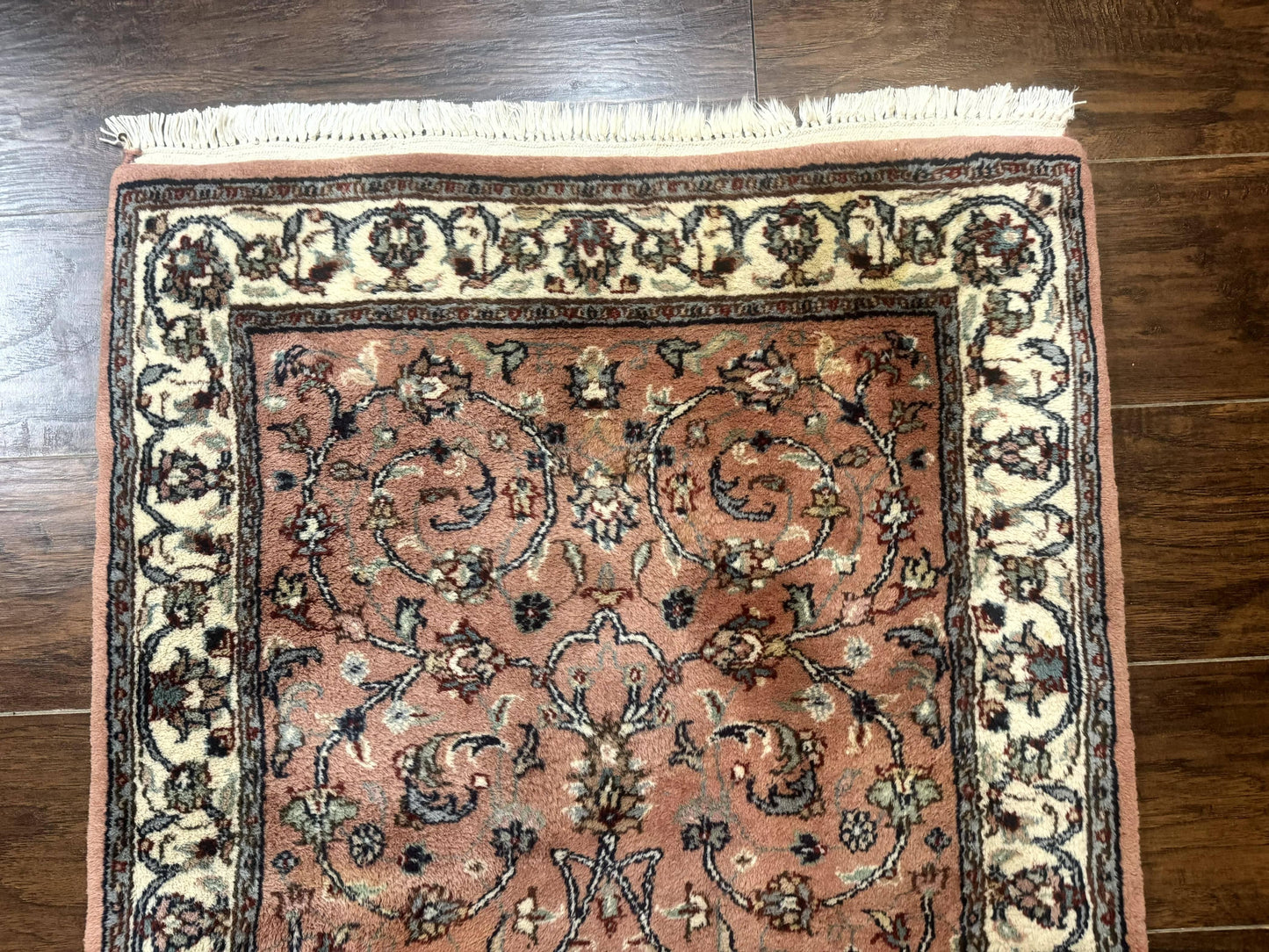 Indo Persian Runner Rug 2.6 x 10, Coral and Cream, Hand Knotted 10ft Wool Oriental Runner for Hallway or Kitchen