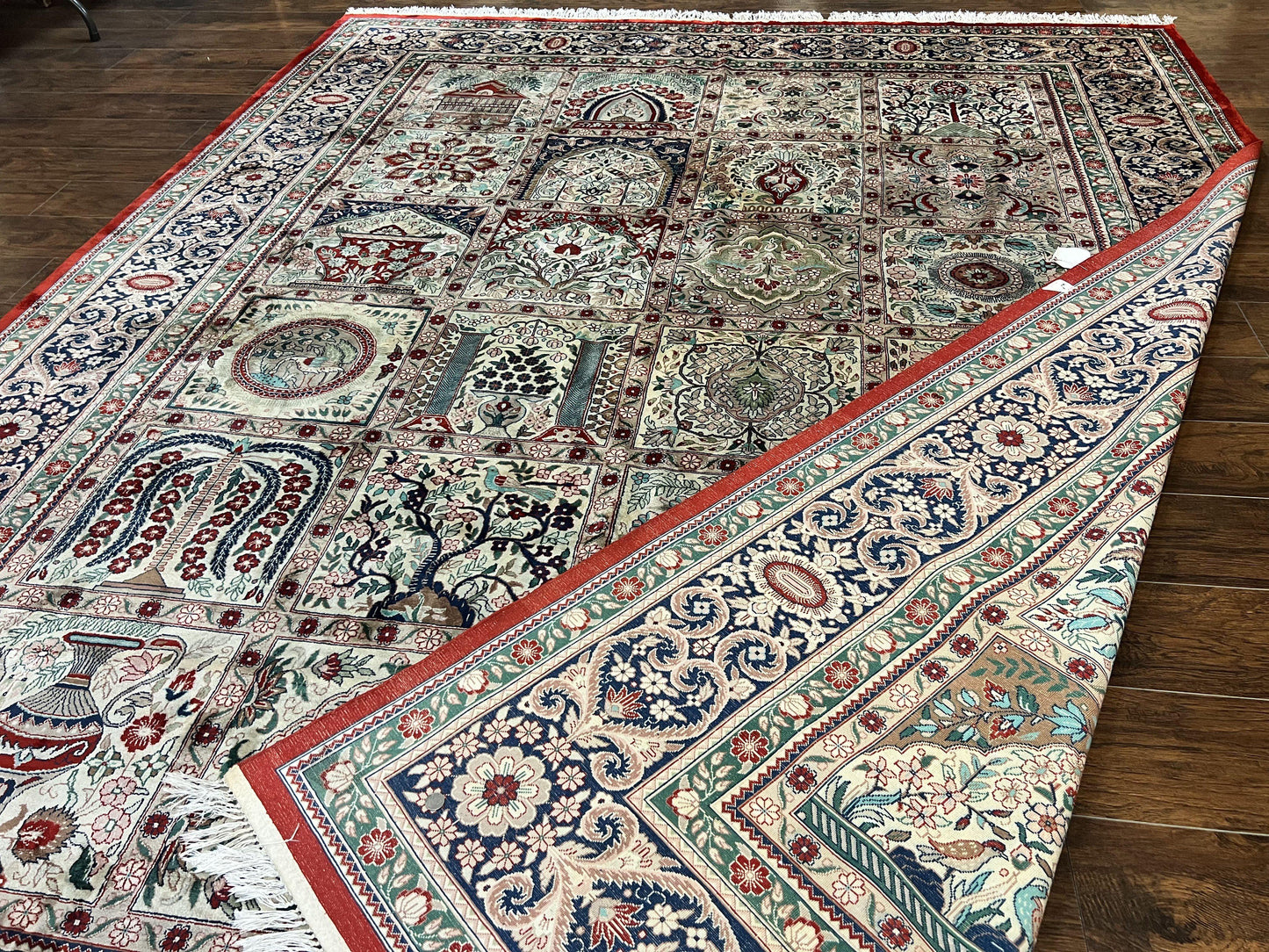 Silk Sino Persian Rug 9x12, Panel Design, Garden of Eden Pattern, Fine 200 KPSI, Hand Knotted Room Sized Silk Carpet, Vintage