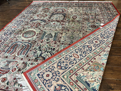 Silk Sino Persian Rug 9x12, Panel Design, Garden of Eden Pattern, Fine 200 KPSI, Hand Knotted Room Sized Silk Carpet, Vintage