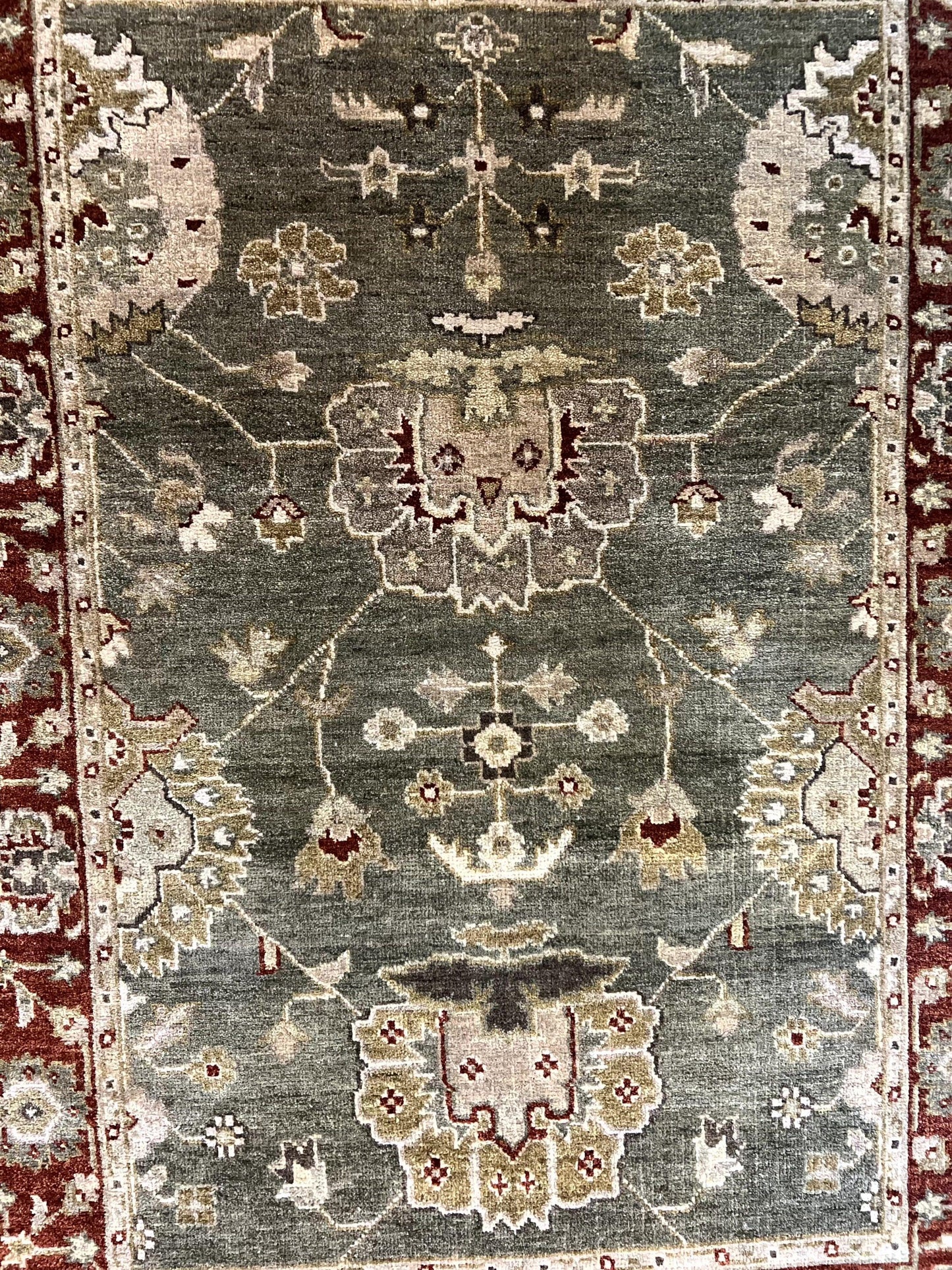 Indo Oushak Rug 4x6 Hand Knotted Wool Vintage Floral Green Maroon