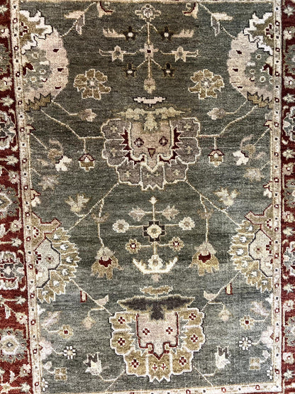 Indo Oushak Rug 4x6 Hand Knotted Wool Vintage Floral Green Maroon