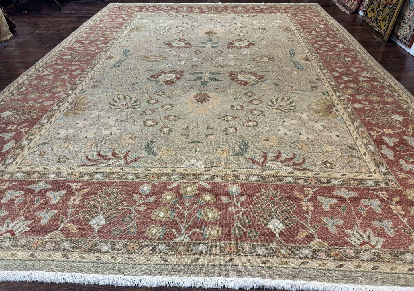Large Turkish Soumak Rug 10x14, Flatweave Dhurrie, Handmade, Light Green and Salmon