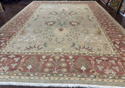 Large Turkish Soumak Rug 10x14, Flatweave Dhurrie, Handmade, Light Green and Salmon