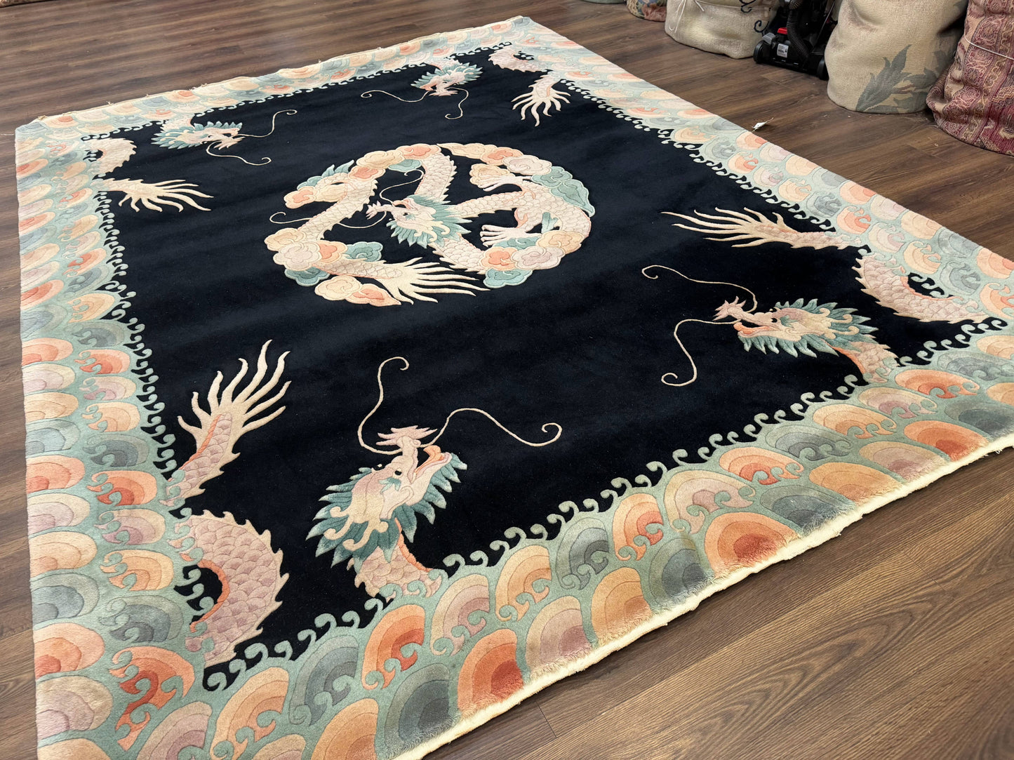 Black Chinese Wool Rug 8x10 Hand Knotted Dragons With Rainbow Borders