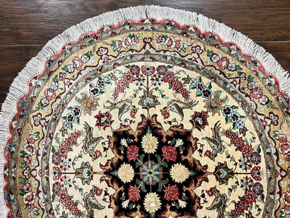 Silk Persian Tabriz Round Rug 3x3 Ft Hand Knotted Carpet Cream Gold Floral Birds