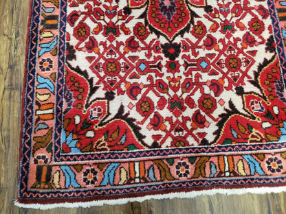 Handmade Floral Wool Rug Turkish Vintage 3 Ft 2 In By 5 Ft 1 In Red Beige Ivory