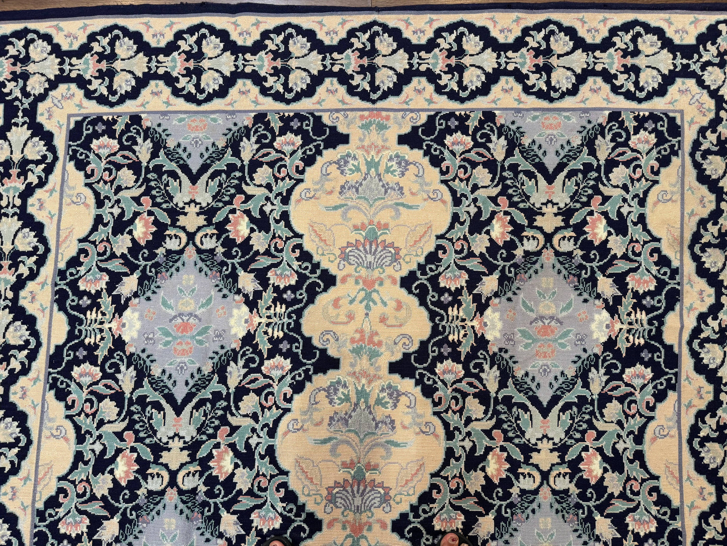 Needlepoint Rug 6x9, Ivory and Navy Blue