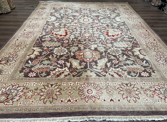 Sultanabad Wool Hand Knotted Rug 9x12 Vintage Indian Carpet Eggplant And Khaki