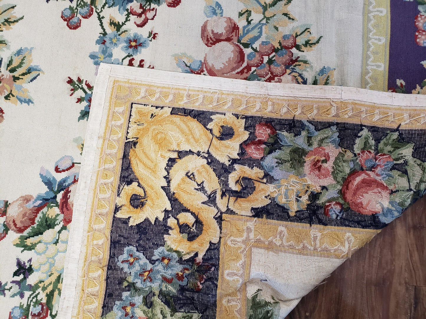 Vintage Chinese Floral Needlepoint Rug Wool Handwoven Flatweave Area Rug 6x9 Ivory Purple Dining Room