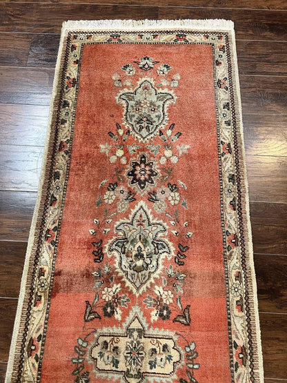Persian Tabriz Runner Rug 3 x 12, Vintage Hand Knotted Wool Oriental Hallway Carpet, Light Red Beige Tan, Fine Weave, Semi Open Field, Traditional