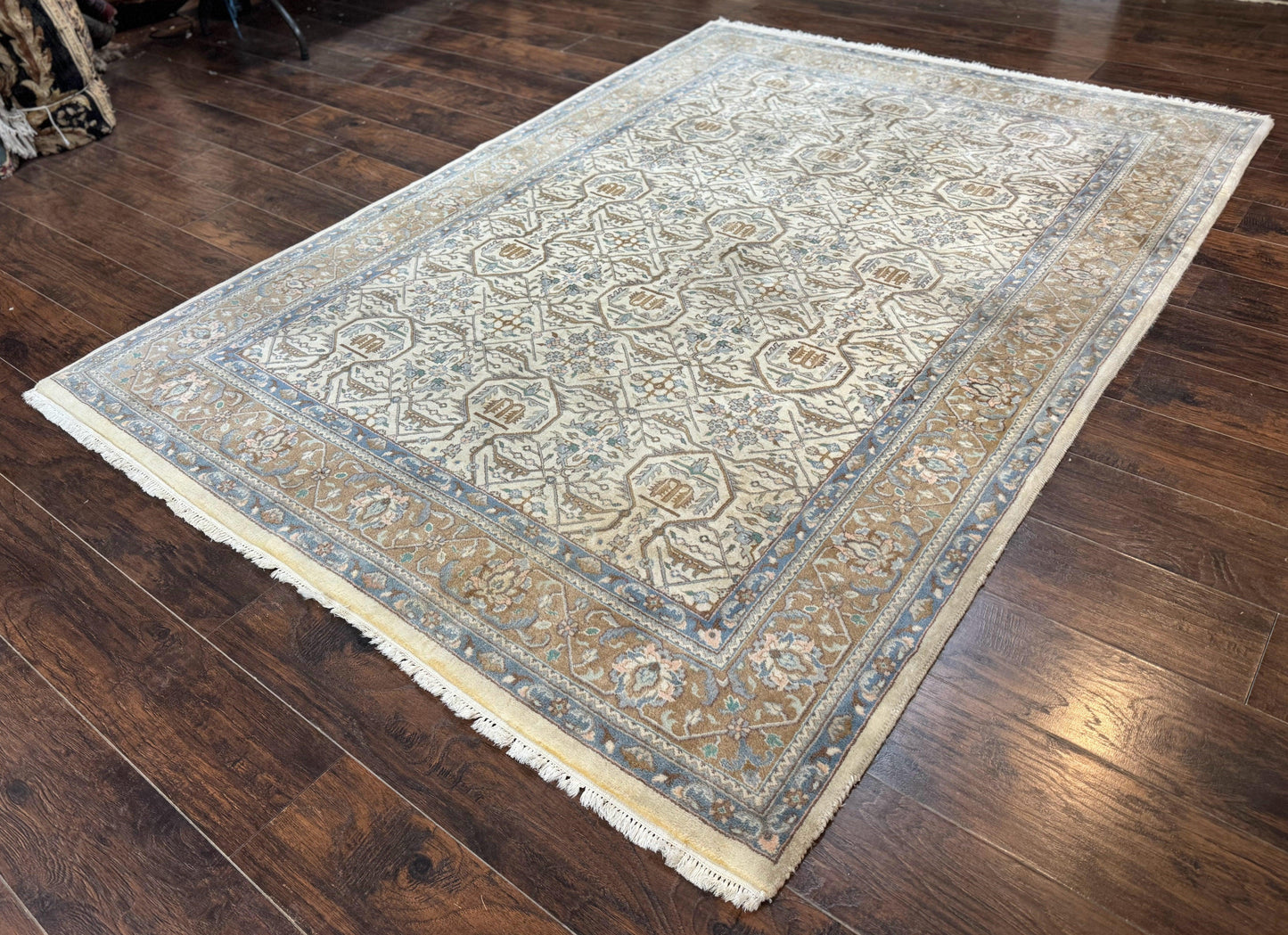 Indo Persian Rug 6x9, Beige, Allover Pattern, Vintage Wool Oriental Carpet