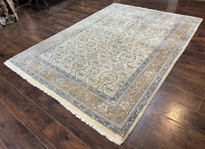 Indo Persian Rug 6x9, Beige, Allover Pattern, Vintage Wool Oriental Carpet