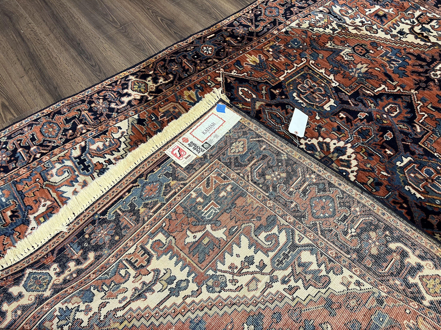 Heriz Rug 5.6 x 8, Geometric Medallion, Wool Oriental Carpet, Tribal Boho Rug, Red Navy Blue Cream, Belgium Power Loomed Rug, Medium Sized