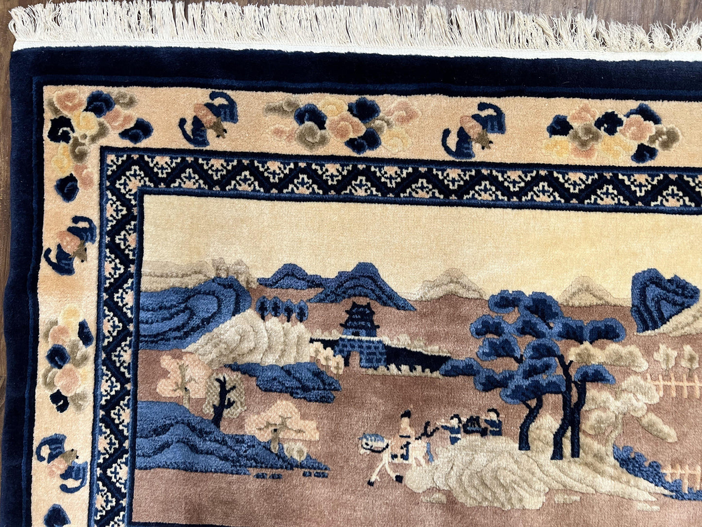 Chinese Pictorial Rug Antique Handmade 2.7x5 Village and Hills Beige Blue Wall Hanging Tapestry