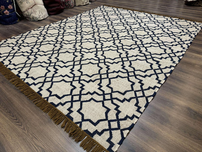 Indian Kilim Rug 8x10 Handwoven Wool Dhurrie Carpet Oat And Navy Blue