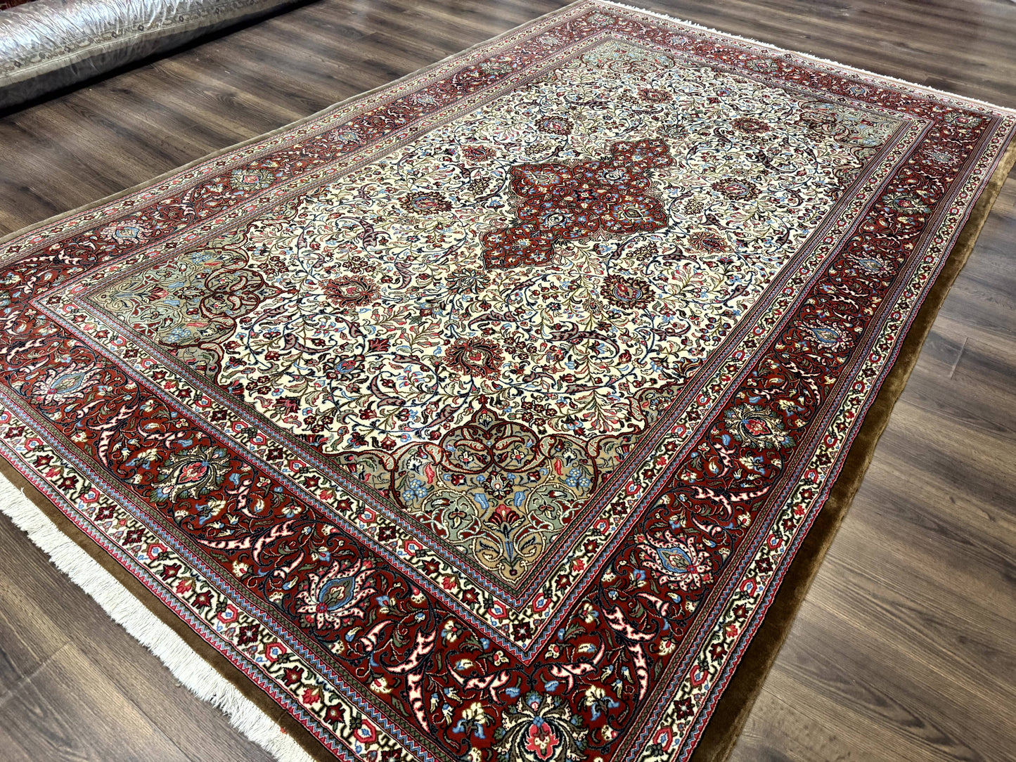 Persian Qum Rug 7x11 Beige Red Floral Medallion 260 KPSI Hand Knotted