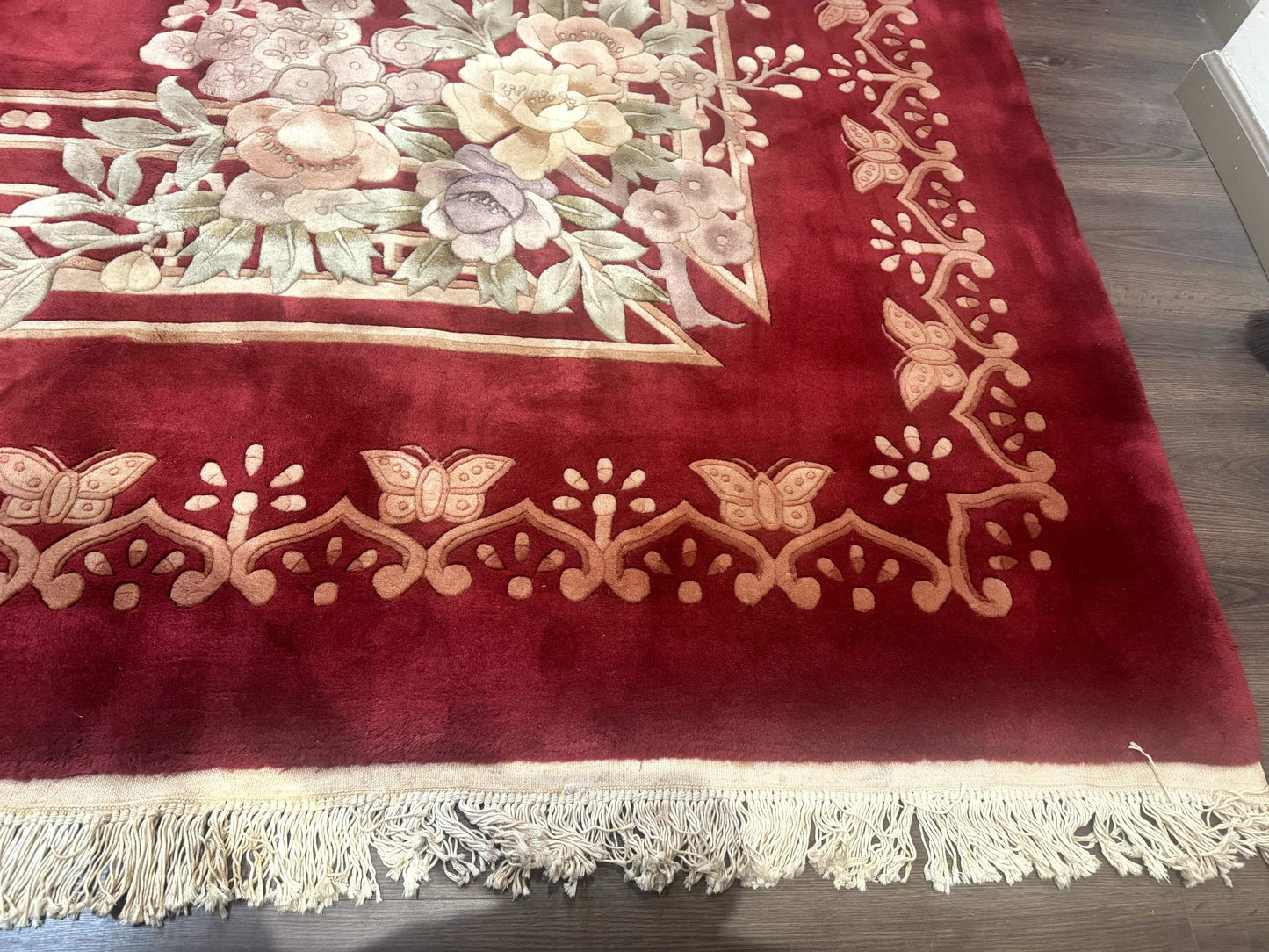 Chinese Wool Rug 12x18 Palace Size Vintage Hand Knotted Red With Butterflies And Flowers