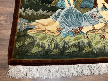 Persian Tabriz Pictorial Rug 5x3, Women Laying By River, Super Fine 60 Raj 480+ KPSI, Hand Knotted Wool Rug, Semi Antique Vintage Oriental Carpet