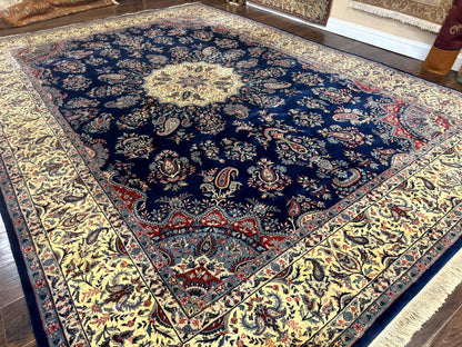 Persian Kerman Rug 10x14 Wool Floral Medallion Handmade Blue And Beige