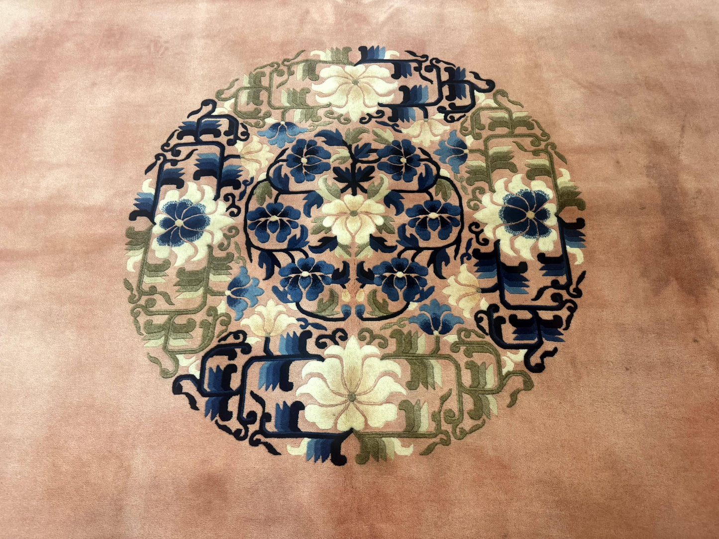 Chinese Wool Rug 11X18 Peking Style Open Field Peach and Blue Art Deco Handmade Carpet