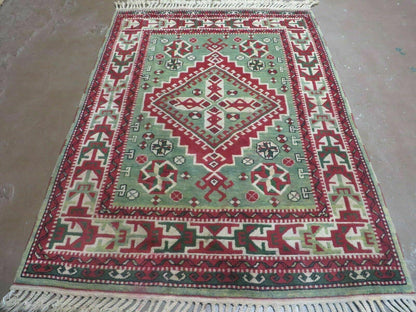 Kazak Rug Vintage Handmade Turkish Wool Rug 4x6 Fringed Carpet