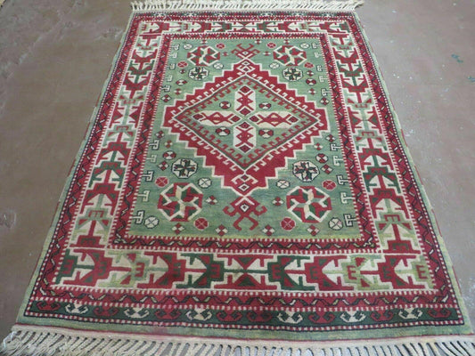Kazak Rug Vintage Handmade Turkish Wool Rug 4x6 Fringed Carpet