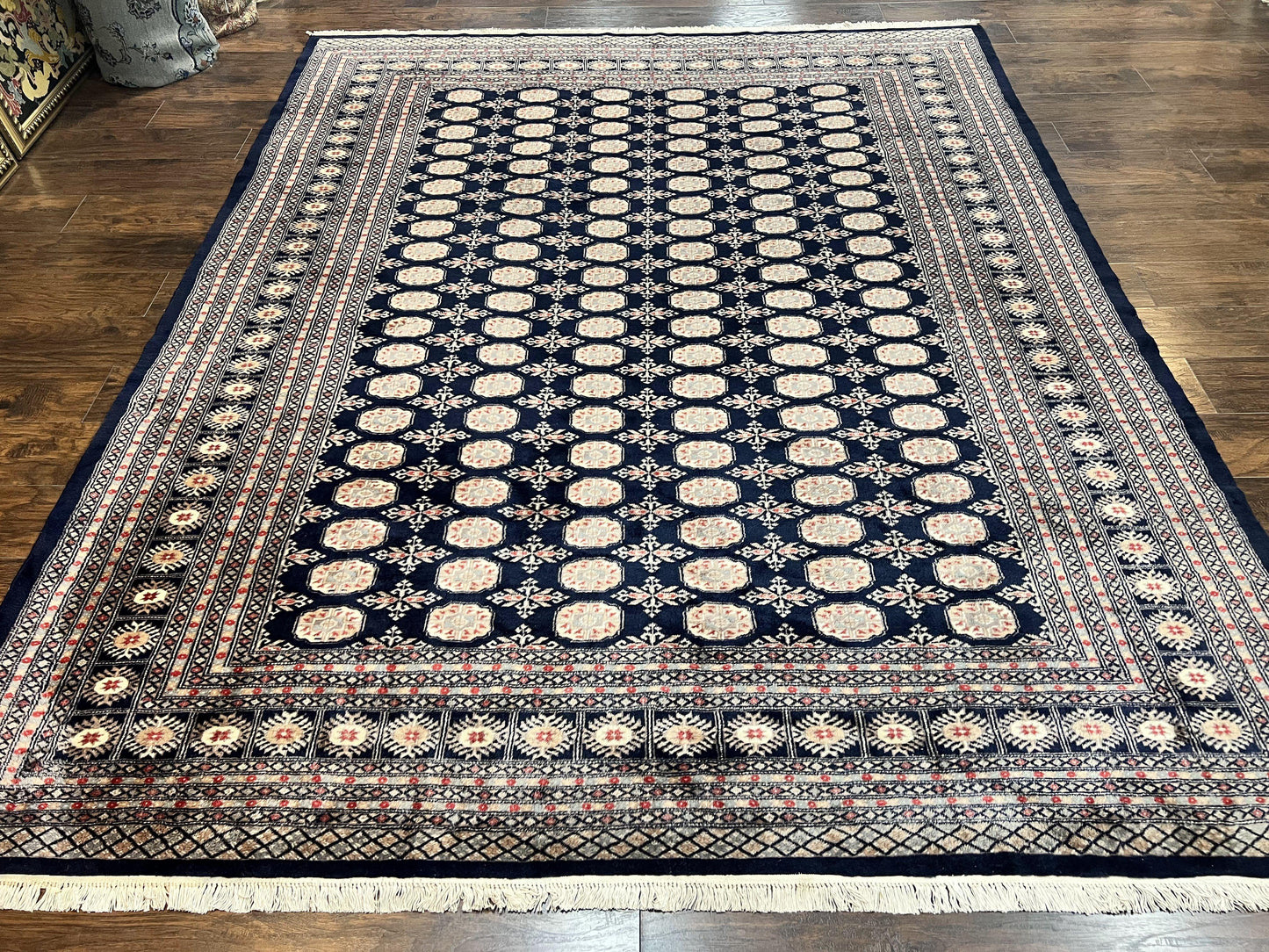 Pakistani Bokhara Rug 8x10 Hand Knotted Wool Vintage Carpet in Dark Blue Beige