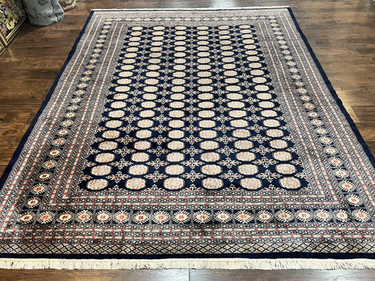 Pakistani Bokhara Rug 8x10 Hand Knotted Wool Vintage Carpet in Dark Blue Beige