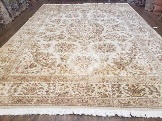 Persian Rug 8x11 Hand Knotted Wool Oriental Ivory Floral Vintage Dining Room Decor