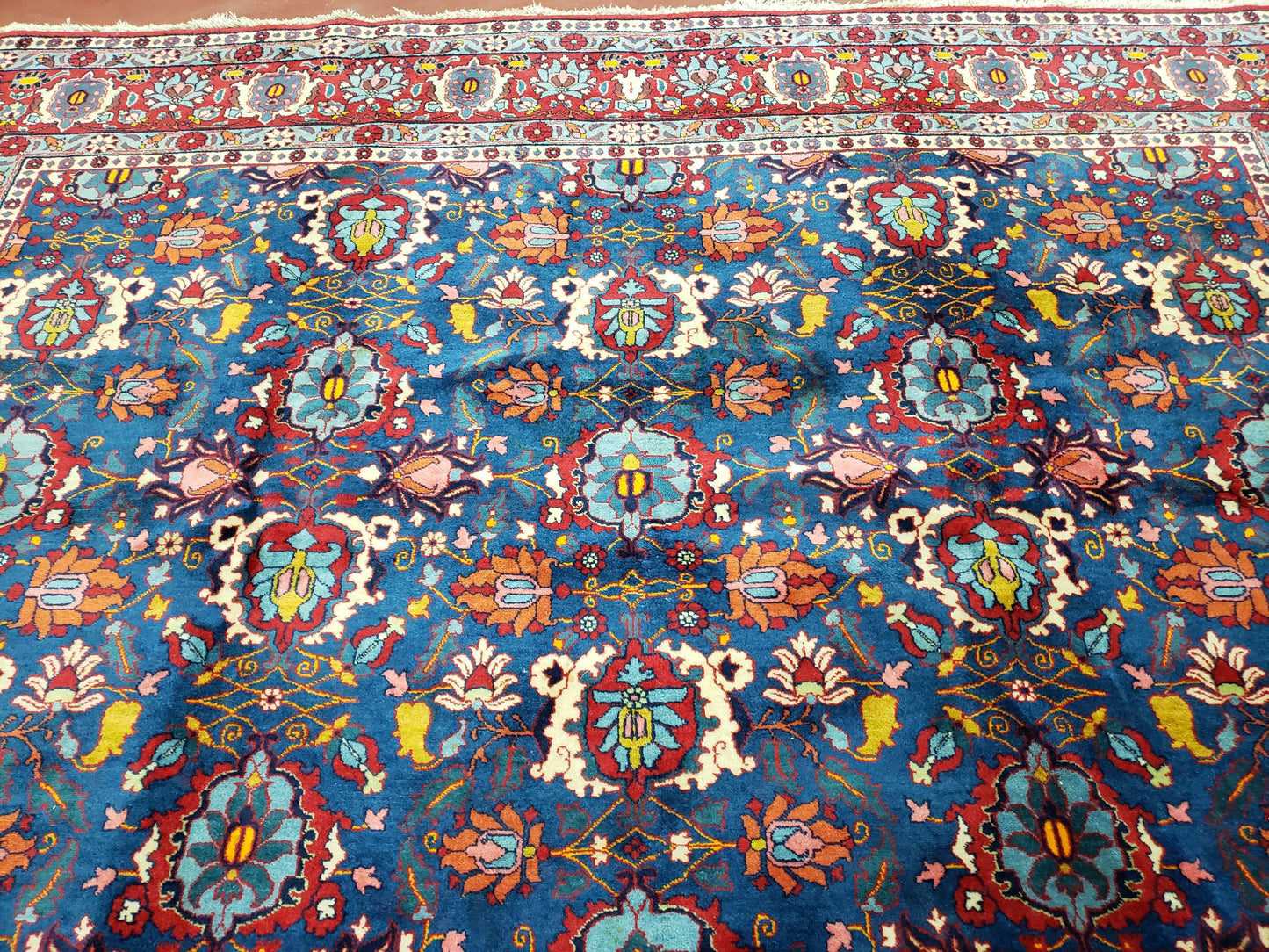 Rare Antique Persian Veramin Carpet, Mina-Khani Pattern, Blue, Red, Ivory, 7x11 ft, Hand-Knotted, Wool