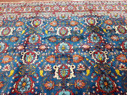 Rare Antique Persian Veramin Carpet, Mina-Khani Pattern, Blue, Red, Ivory, 7x11 ft, Hand-Knotted, Wool
