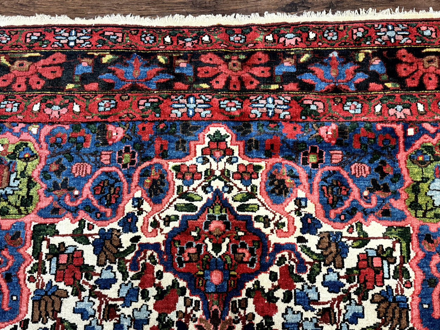 Persian Bakhtiari Rug 7x10, Antique Persian Carpet, Colorful, Great Colors, Ivory Red Blue, Rare Tribal Rug