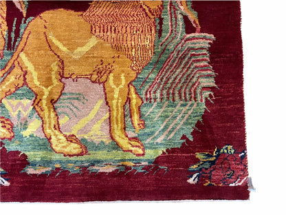 Handmade Wool Rug 3x5 Vintage Lion Pictorial Jungle Rug With Natural Dyes