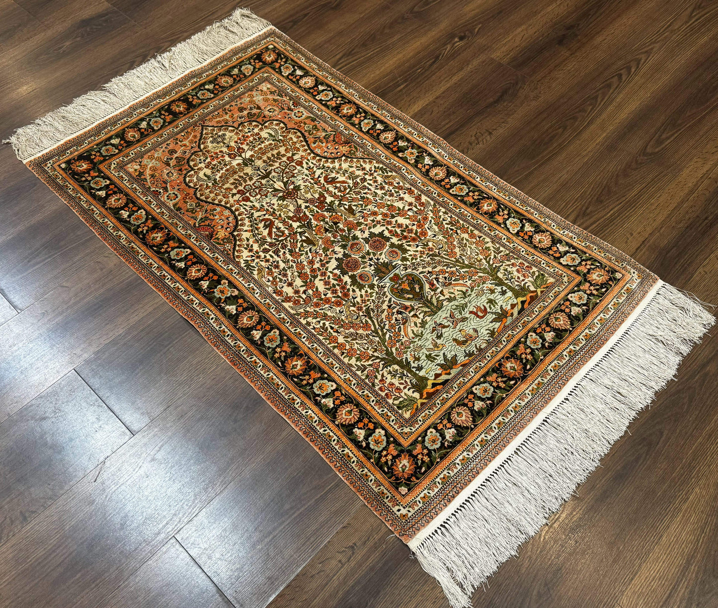 Handmade Silk Rug 2.6 By 4 Tree Of Life Vase Bird Pictorial Very Fine 630 KPSI