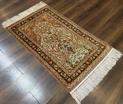 Handmade Silk Rug 2.6 By 4 Tree Of Life Vase Bird Pictorial Very Fine 630 KPSI