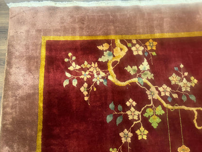 Red Chinese Art Deco Wool Rug 9x11 Handmade Antique Area Rug