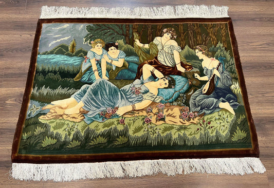 Persian Tabriz Pictorial Rug 5x3, Women Laying By River, Super Fine 60 Raj 480+ KPSI, Hand Knotted Wool Rug, Semi Antique Vintage Oriental Carpet