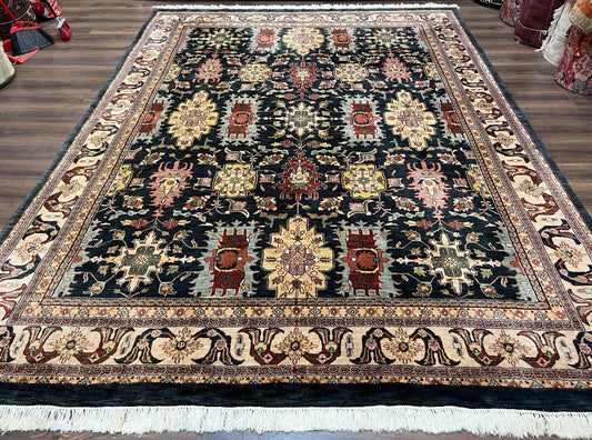 Indo Persian Mahal Rug 9x12, Dark Green and Cream Hand Knotted Wool Oriental Carpet, Floral Allover, Vintage Traditional Handmade Room Sized