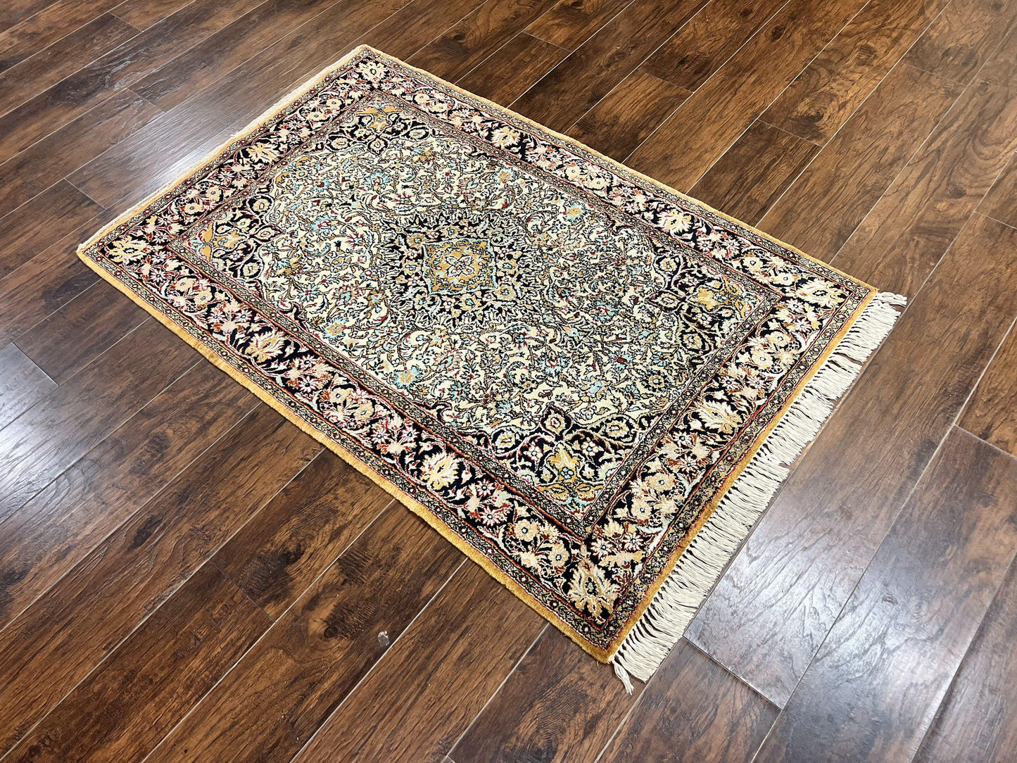 Silk Persian Qum Rug 4x5, Hand Knotted Vintage Carpet, Cream & Navy Blue, Silk Pile on Silk Foundation, Very Fine 360 KPSI