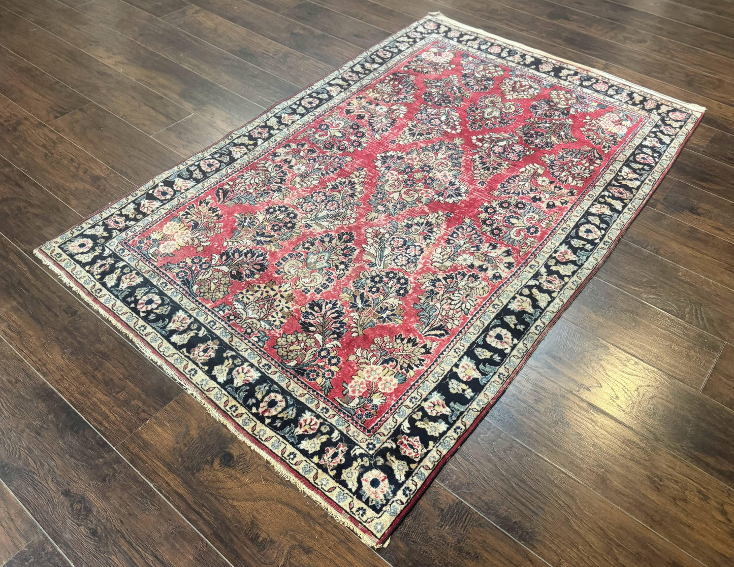 Antique Persian Sarouk Rug 4x7 Floral Red Wool Carpet 1920s