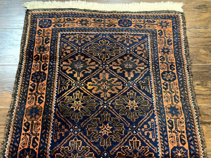 Small Antique Persian Rug 2.7 x 4.7, Handmade Wool Rug, Navy Blue, Balouch Rug, Tribal Rug