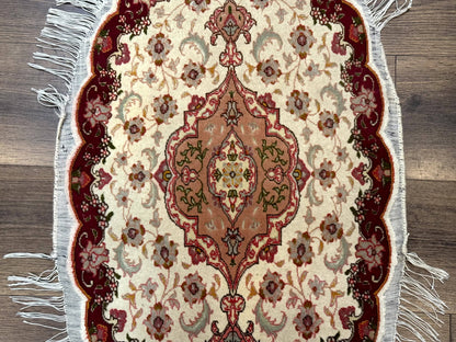 Small Oval Persian Tabriz Rug 2x4, Kork Wool and Silk Highlights, Fine 260 KPSI